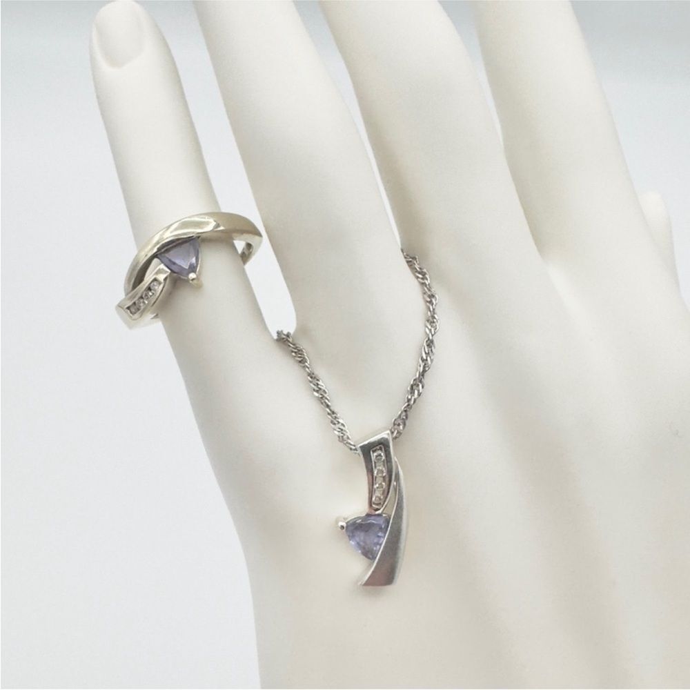 10K Two Tone White Gold Diamond & Tanzanite Ring & Pendant Set .04 ctw 3.6